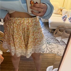 Free People Yellow Floral Lace-Trim Skater Mini Skirt